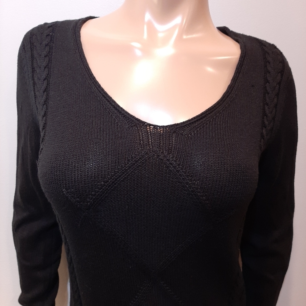 Haggar Cable Knit Scoop Neck Fitted Tunic Sweater Womens Size Small Black - Picture 2 of 10